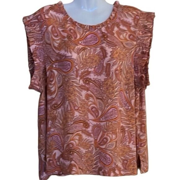 DR2 women's pullover top XXL smocked ruffle sleeve ruffle neckline print NWT - Picture 1 of 10